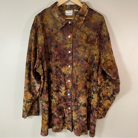 FASHION BUG Women’s 26/28 Burnout Velvet Autumn Floral Button Up Blouse Romantic - Picture 1 of 9